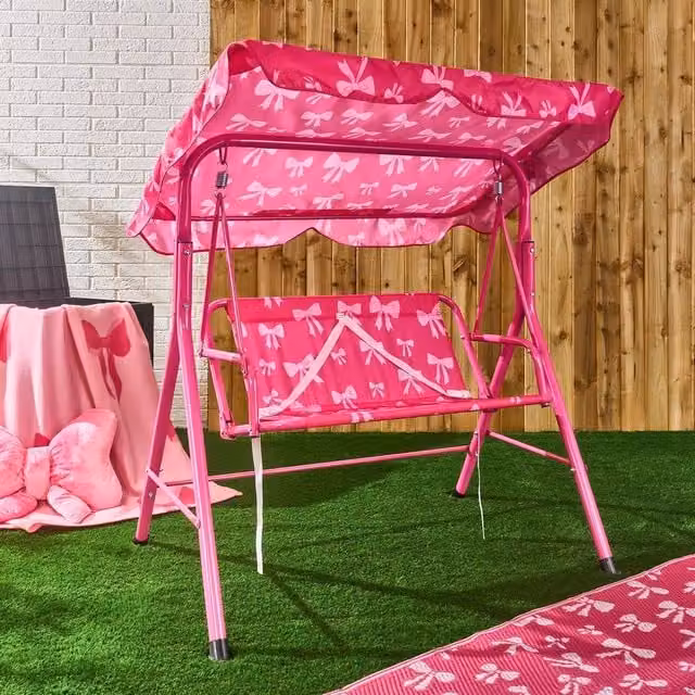 OHS Kids Bows 2 Seater Swing Bench with Sun Canopy in Bright Pink