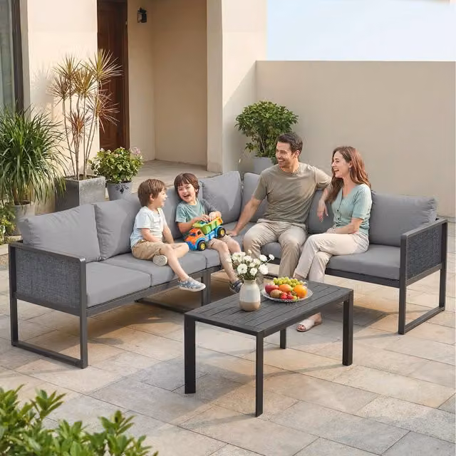 Outsunny L-Shape Garden Furniture Corner Sofa Set with Outdoor Coffee Table and Cushions in Grey