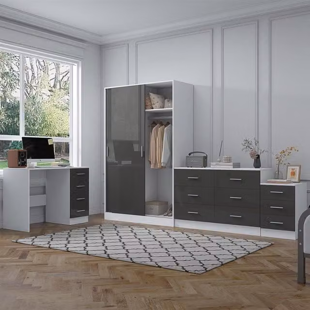 REFLECT Bedroom Furniture Bundle in Grey Gloss and Matt White, including Sliding Wardrobe, Wide Chest of Drawers, Bedside Table and Desk