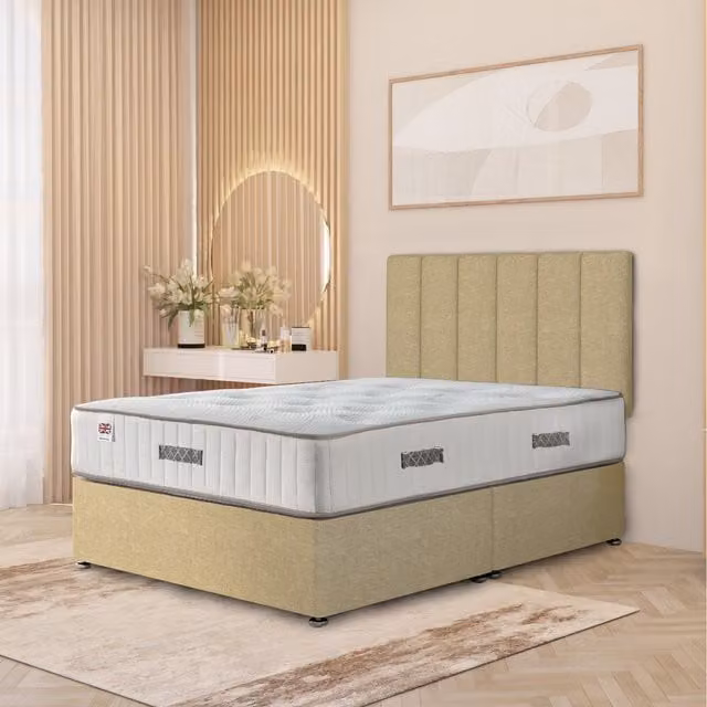 Somnior Beds Ltd Austin Linen Fabric Storage Divan Bed Hybrid Orthopaedic Mattress with 32 inch Headboard, Beige, W/D/H: 90 x 190 cm