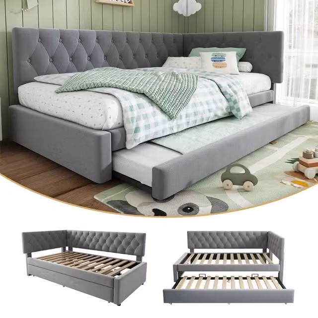 Rolipo Grey Velvet 3FT Single Daybed with Pull Out Trundle Guest Bed, W: 90 cm, L: 190 cm
