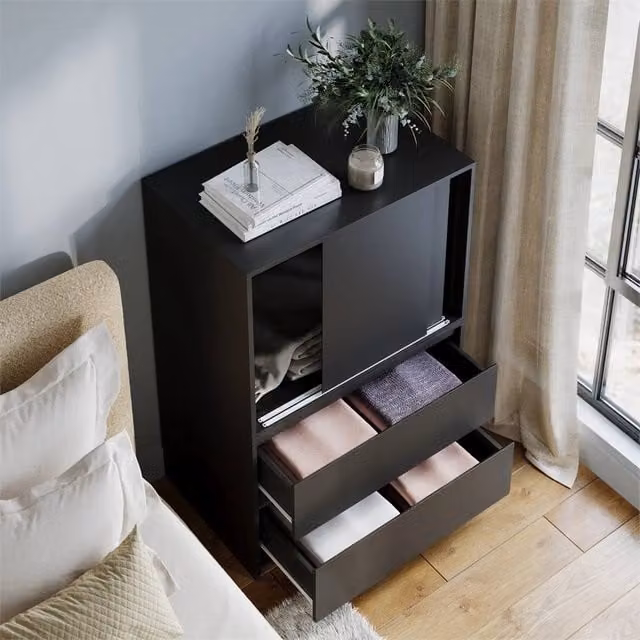 Nordara Black Modern Side Cabinet with 2 Doors and 2 Drawers for Home Office Storage, W/D/H: 120 x 51.5 x 80 cm