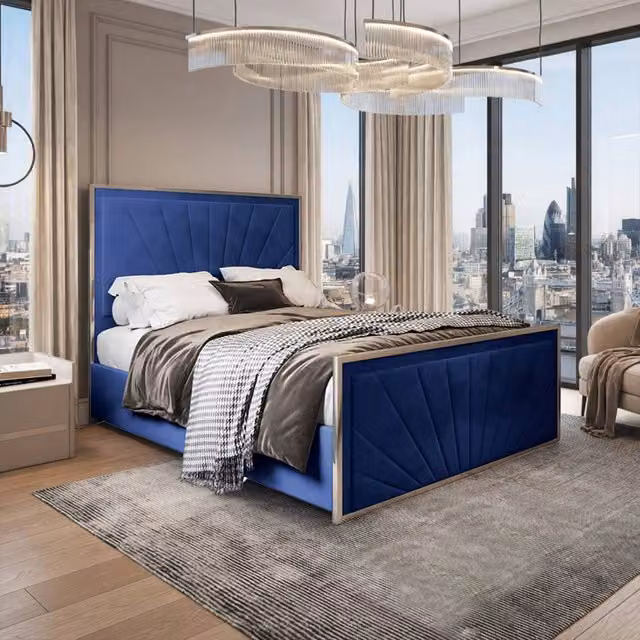 Casani Southborough Upholstered Velvet Blue Metal Designer Bed Frame, W/D/H: 200 x 137 x 189 cm