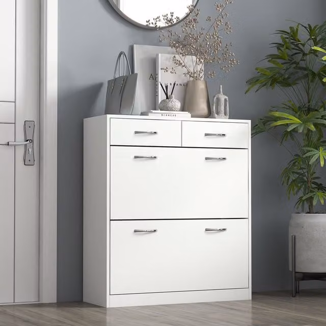 HOMCOM Modern White Shoe Storage Cabinet with Tilting Compartments and Internal Shelves H 91.5 x W 80.0 cm