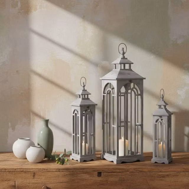 Wyld Haus Set of Three Greywashed Wooden Pillar Lanterns with Arched Windows and Handles in Grey