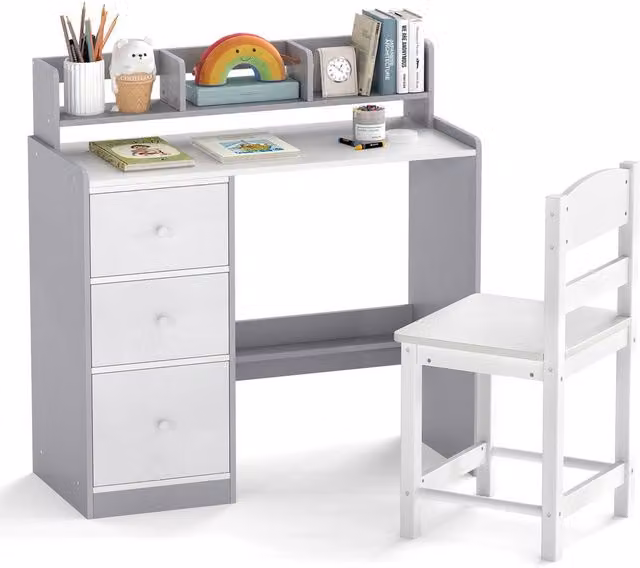 Costway Kids Study Desk and Chair Set with Wooden Hutch and Storage Shelf in Multicolour