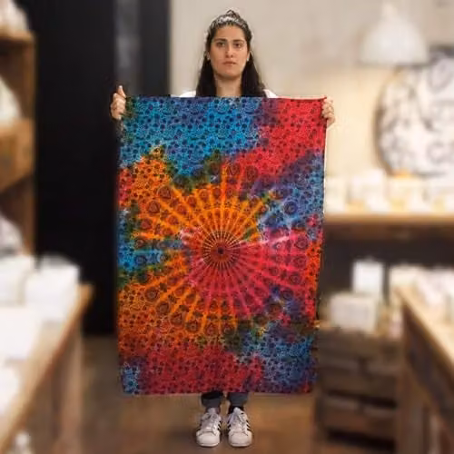 KDMD Round Mandala Cotton Wall Hanging, Multicolour and Black Geometric Textile Tapestry, W: 112 cm, H: 78 cm
