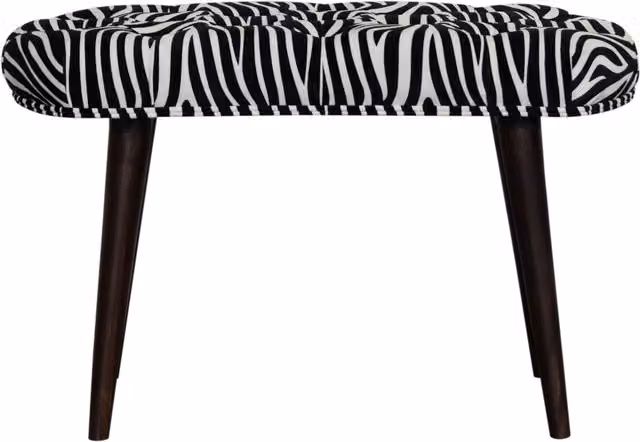 KDMK Black Zebra Print Velvet Deep Button Bench with Mango Wood Frame
