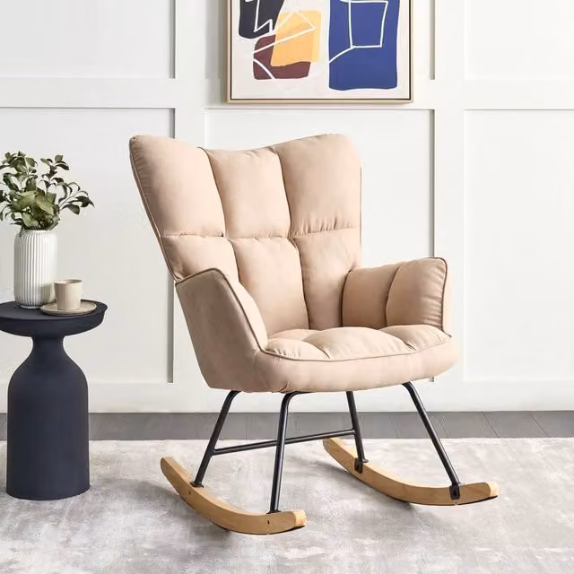 Wyld and Coco Beige Tufted Rocking Chair with Polyester Upholstery and Wooden Frame, H 104 cm x W 71 cm x D 83 cm