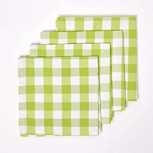 Homescapes Set of 4 Green and White Checked Cotton Gingham Napkins, W/D/H: 45 x 45 x 45 cm