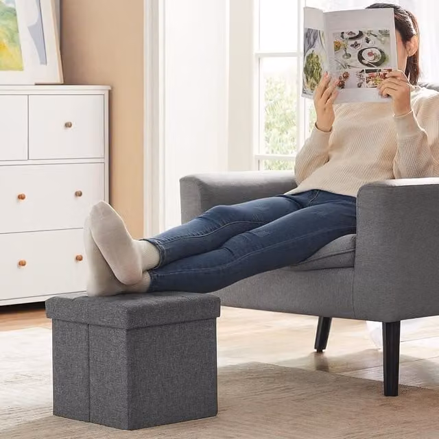 SONGMICS Small Foldable Storage Ottoman Foot Rest in Dark Grey