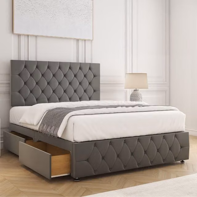BSSPOKE Mulberry King Size Divan Bed Set with 24 inch Plush Headboard, 2 Drawers, Footend and Mattress in Grey Velvet Fabric, W/D/H: 180 x 200 cm