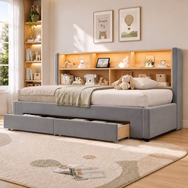 Matteo Extendable Grey Velvet Daybed with LED Lighting, USB Charging Port and Drawers, W/D/H: 190 x 90 x 42 cm