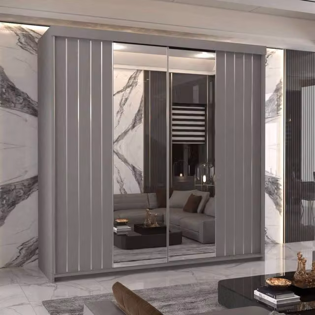 MN Furniture Merida Modern Sliding Wardrobe with Mirror and Integrated LED Lighting, Grey, W: 200 cm, H: 217 cm