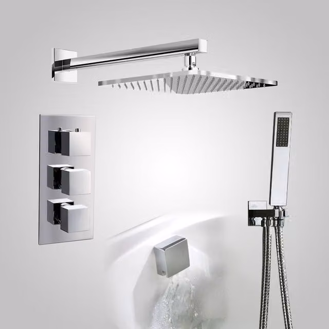 Nes Home 3 Dial 3 Way Square Concealed Thermostatic Mixer Valve with Square Handset, Bath Filler and Shower Head in Chrome Metallic Silver