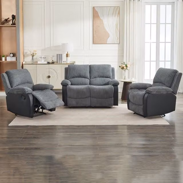 FURNITURE ONE Grey Corduroy Fabric Manual Reclining Sofa Set with 3-Seater, 2-Seater and Armchair