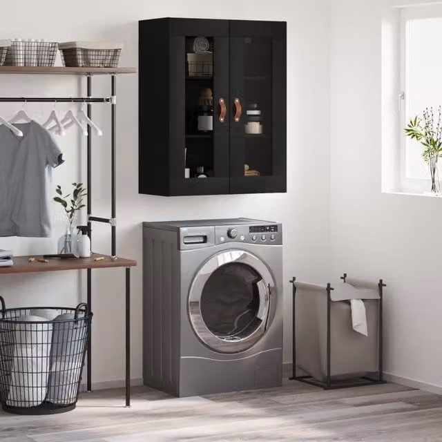 Berkfield Home Wall Mounted Cabinet with Glass Doors, Black, W/D/H: 69.5 x 34 x 90 cm