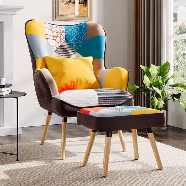 Komore Modern Abstract Upholstered Armchair with Matching Ottoman and Cushion Set in Multi-colour Yellow Fabric