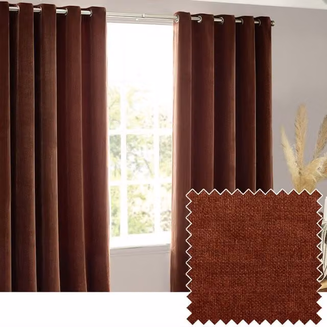 Make It A Home Nutmeg Brown Chenille Velvet Room Darkening Eyelet Curtains, Height: 229 cm