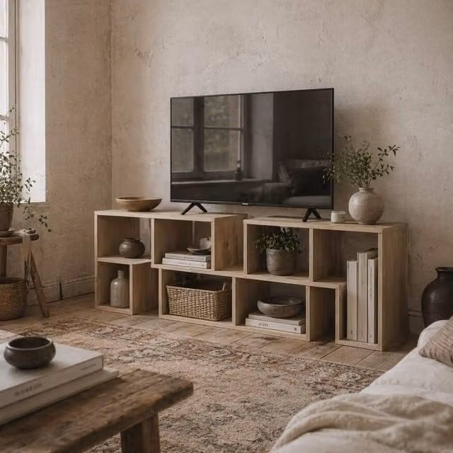 Wyld Haus Tota 3 Block Modular TV Stand, Grey Oak Wood Effect in Natural, W: 134-180 cm, D: 30.5 cm, H: 44 cm