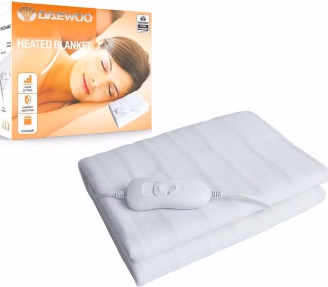 Daewoo King Size Electric Heated Blanket in White with 3 Heat Settings, W/D/H: 180 x 200 cm