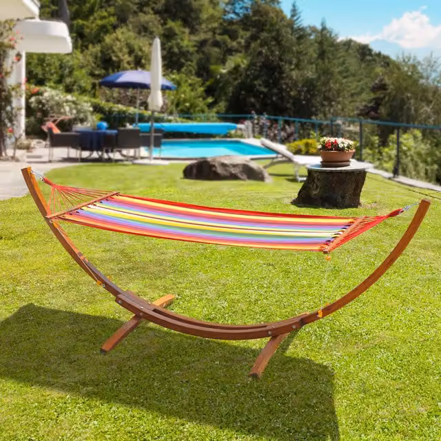 Outsunny Multicolour Striped Fabric Hammock with Treated Hardwood Stand and Spreader Bars