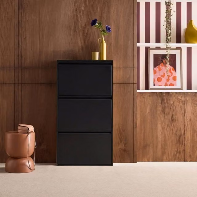 sweeek Industrial Metal Shoe Cabinet in Black with 3 Drawers and Tilting Compartments, W/D/H: 123 x 30 x 65.5 cm
