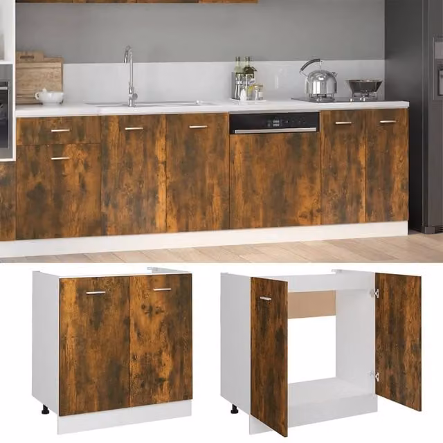 Berkfield Home Smoked Oak Sink Bottom Cabinet, Brown, W/D/H: 80 x 46 x 81.5 cm