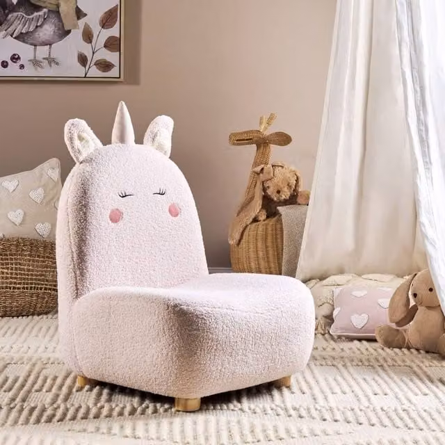 Wyld Haus Pink Unicorn Toddler Armchair in Pink Bouclé Fabric with Solid Rubberwood Frame, W/D/H: 75.0 x 54.0 x 50.0 cm