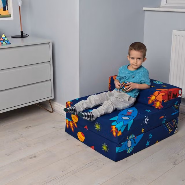Ready Steady Bed Space Boy Kids Z Mattress Futon Bed in Blue with Removable Polycotton Cover