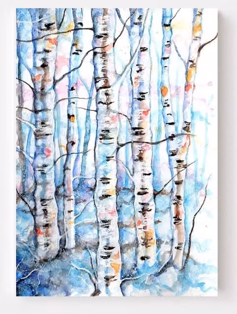BebesArts Birch Trees Watercolor Canvas Print in Blue and White, W: 30.48 cm, H: 20.32 cm