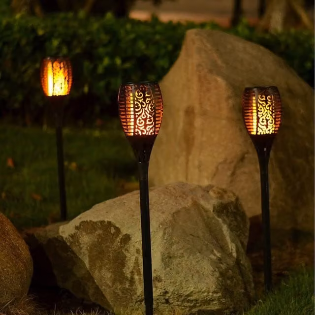Lighting Legends 2 Pack Solar Powered 96 LED Flickering Flame Torch Stake Lights in Black