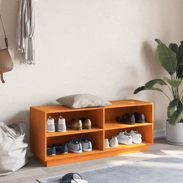 Berkfield Home Wax Brown Solid Wood Pine Shoe Cabinet W/D/H: 110 x 34 x 45 cm