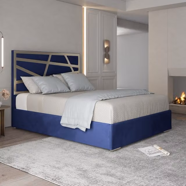 Arabella Modern Upholstered Soft Velvet Metal Bed Frame in Blue, W/D/H: 90 x 190 cm