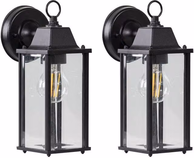 First Choice Lighting Chatham Set of 2 Black and Transparent Glass Outdoor Wall Lantern Lights