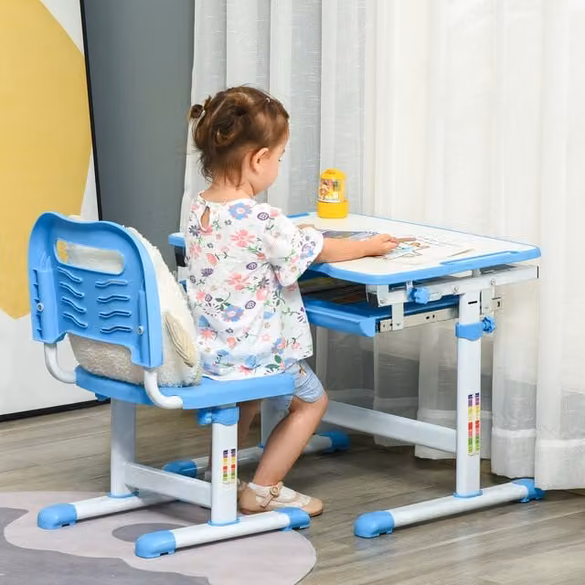 HOMCOM Height Adjustable Kids Desk and Chair Set in Blue