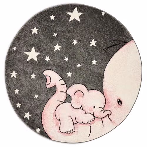 Bravich Pink Baby Elephant Kids Rug, Diameter: 160 cm, Soft Anti-Allergic Round Play Mat for Bedroom and Nursery