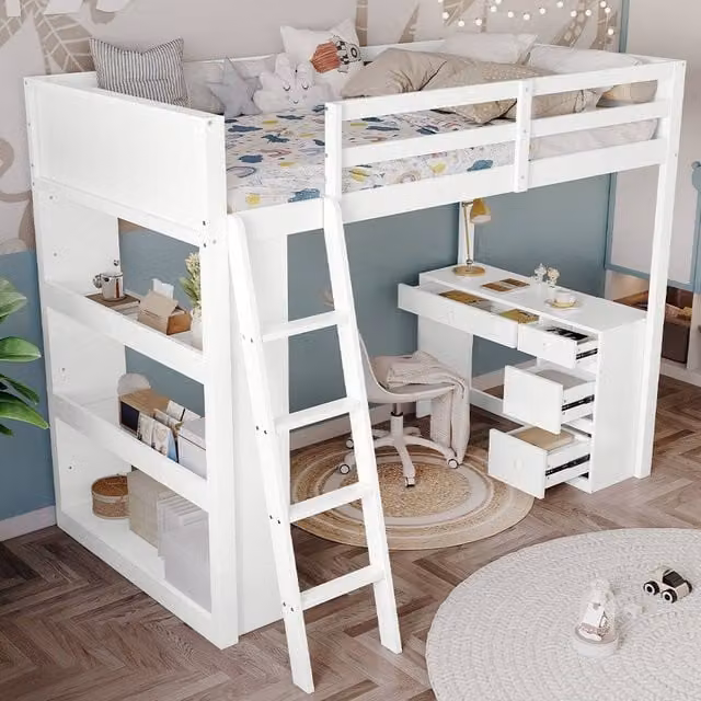 Merax White Single High Sleeper Loft Bed Frame with Desk and Drawers, W/D/H: 90 x 190 x 170 cm