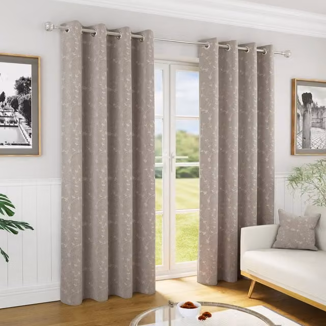 Enhanced Living Tivoli Natural Blackout Floral Eyelet Curtains, Grey and Beige, Width: 117 cm, Drop: 137 cm