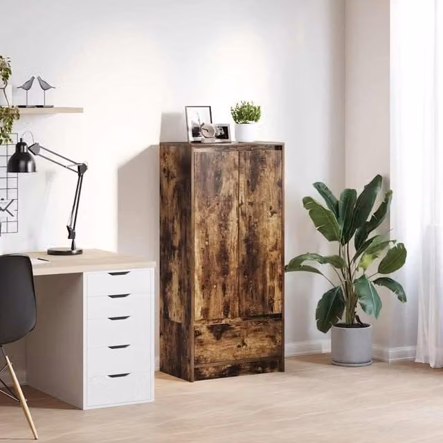 Berkfield Home Wall Mounted Smoked Oak Cabinet in Brown with Internal Drawers and Shelves, W/D/H: 55.5 x 34 x 119.5 cm