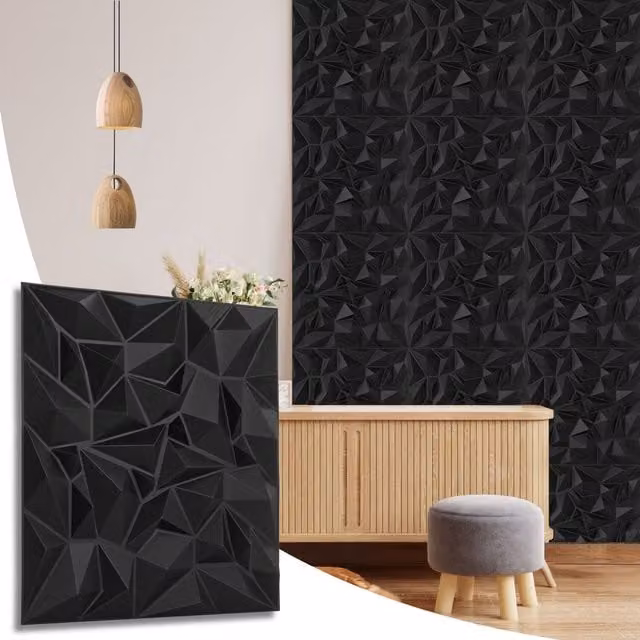 NOVECRAFTO Matt Black 3D PVC Wall Panels with Geometric Diamond Design, W/D/H: 50 x 50 x 0.25 cm