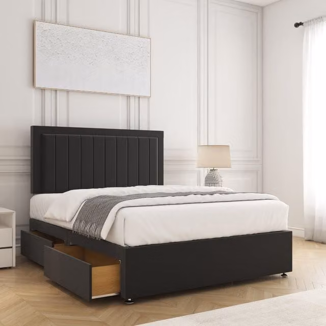 BSSPOKE Zarah King Size Divan Bed Set in Black Plush Velvet with 24 inch Headboard, 4 Drawers and Mattress, W/D/H: 180 x 200 cm
