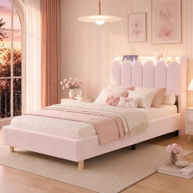 Merax Pink Velvet Upholstered Single Bed with Integrated Reading Light, USB Charging Port and Side Compartments, 90 x 190 cm