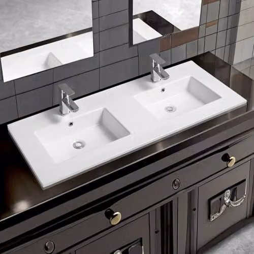 Limoge 4012 White Ceramic Double Inset Bathroom Basin with Dual Rectangular Bowls, W: 121 cm, D: 46 cm, H: 15.5 cm