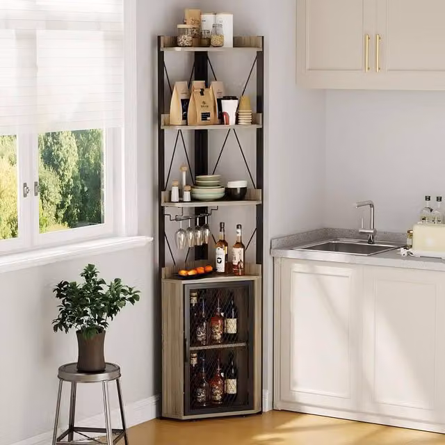 London Boutique Industrial Corner Bar Cabinet and Wine Storage Sideboard in Grey and Black with Glass Doors and Glass Holder, Height: 178 cm