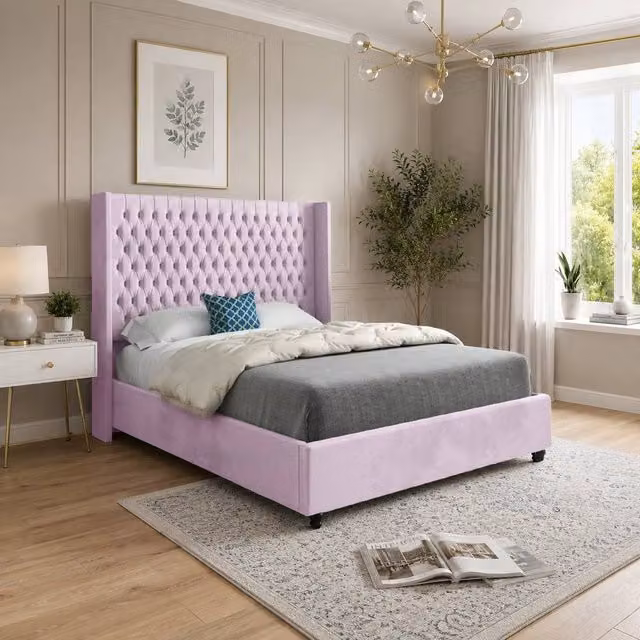 Casani Thwaite Upholstered Velvet Designer Bed Frame in Pink, W/D/H: 137 x 120 x 200 cm