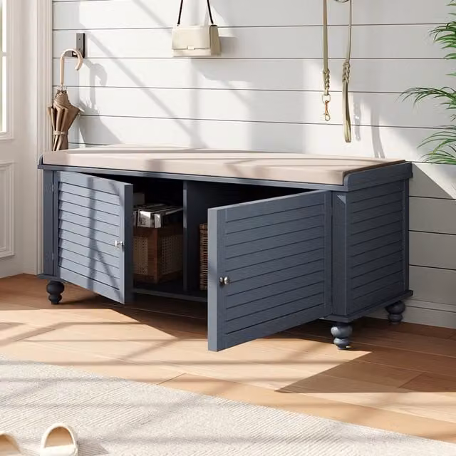 Komore Grey Wooden Door Shoe Cabinet Storage Bench with Fabric Linen Cushion