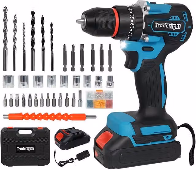 Traderight 96-Piece Cordless Brushless Impact Drill Driver Set with 2x2.0Ah Rechargeable Batteries in Black