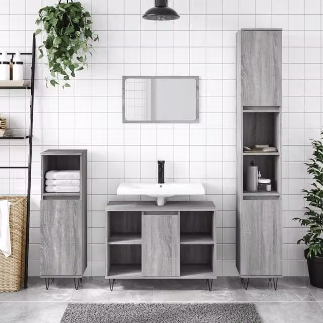 Berkfield Home 3 Piece Modern Grey Bathroom Furniture Set with Vanity Unit and Hinged Doors