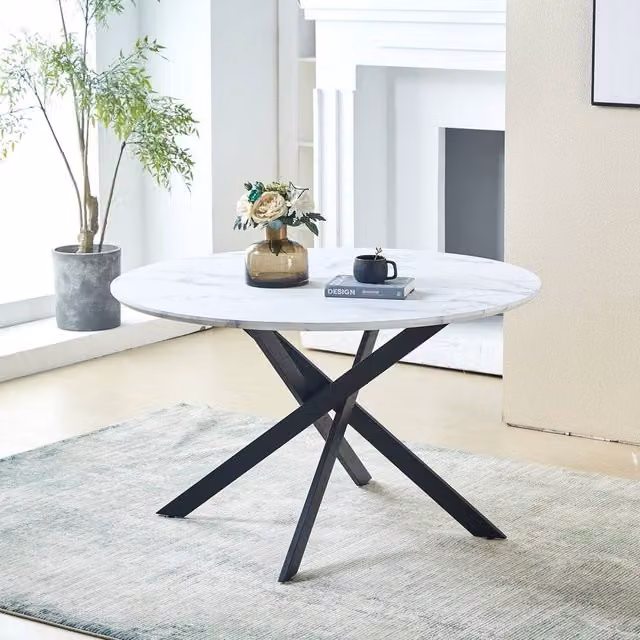 HomeTouch Modern Round White Marble Effect Dining Table with Black Metal Legs, Diameter: 120 cm, Height: 75 cm